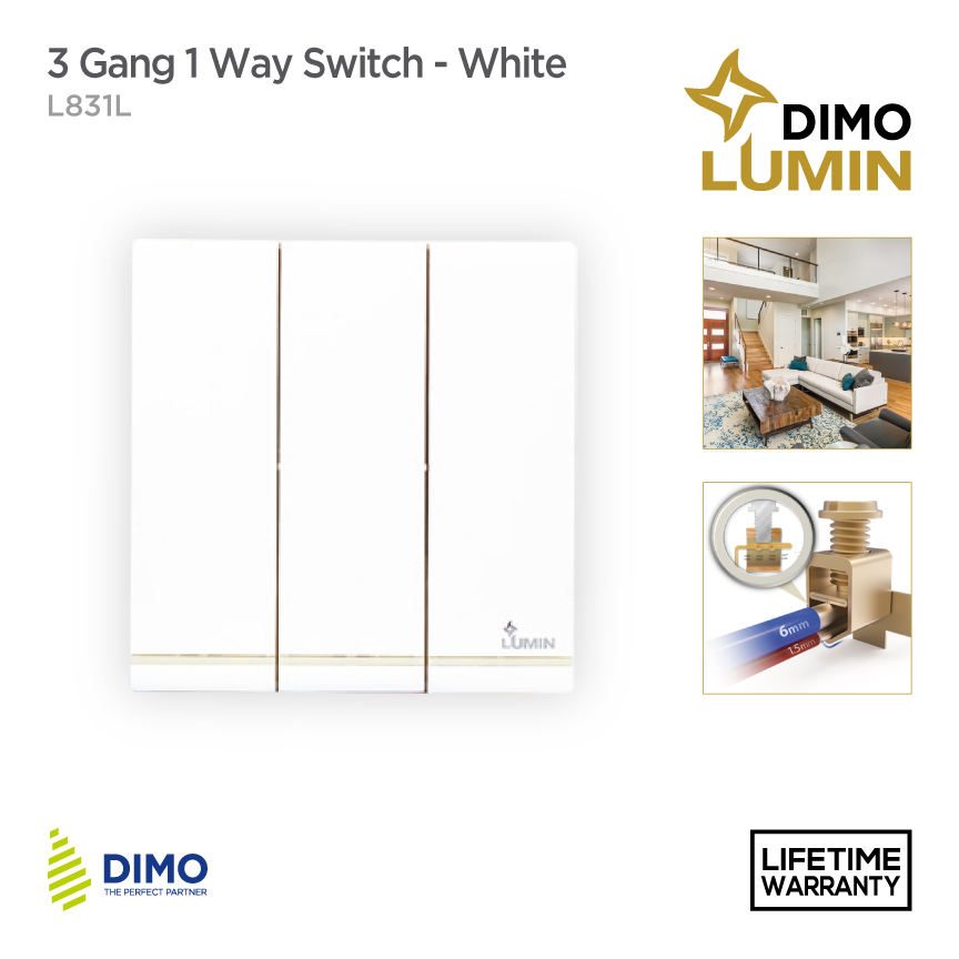 DIMO Lumin 3 Gang 1 Way Switch - White